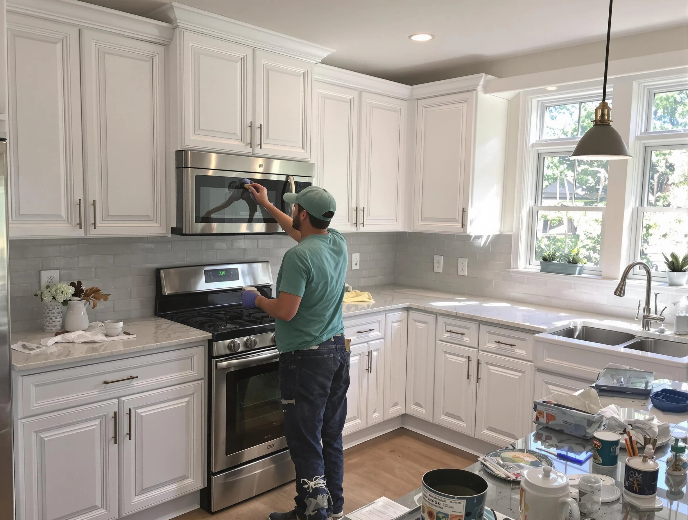 Kitchen cabinets being refinished by North Ridgeville House Painters in North Ridgeville, OH