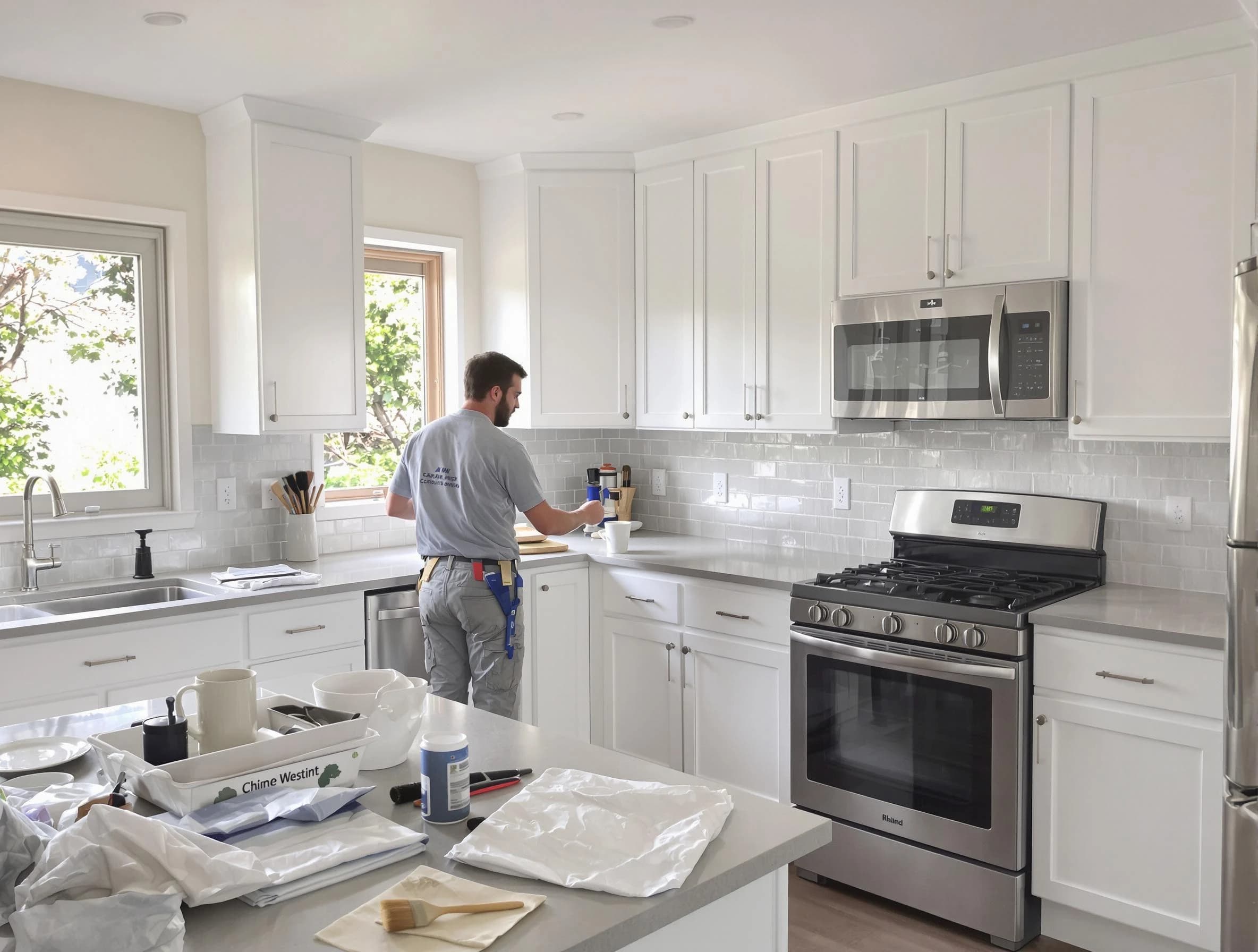 North Ridgeville House Painters applying fresh paint on kitchen cabinets in North Ridgeville