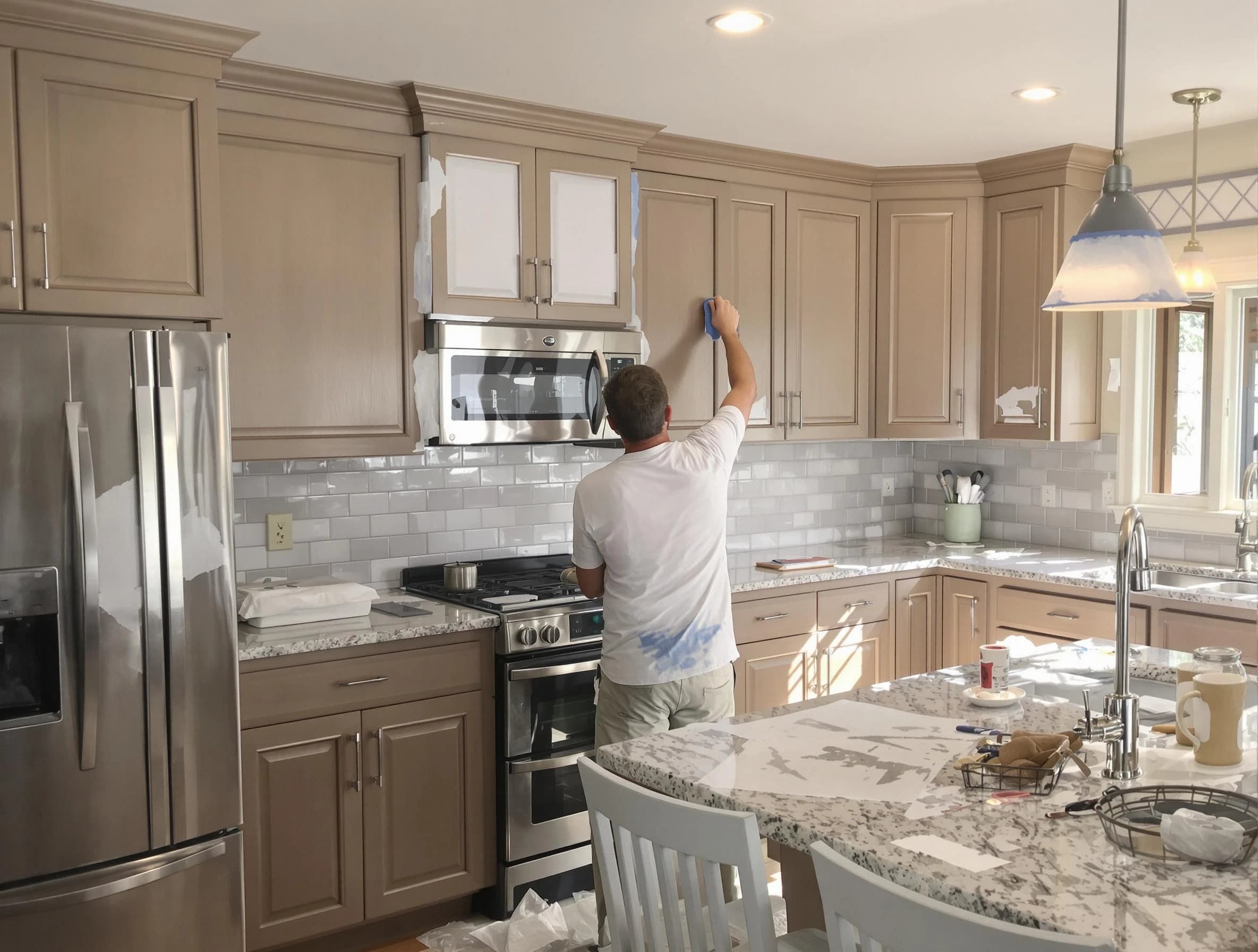 Before-and-after view of kitchen painting by North Ridgeville House Painters in North Ridgeville