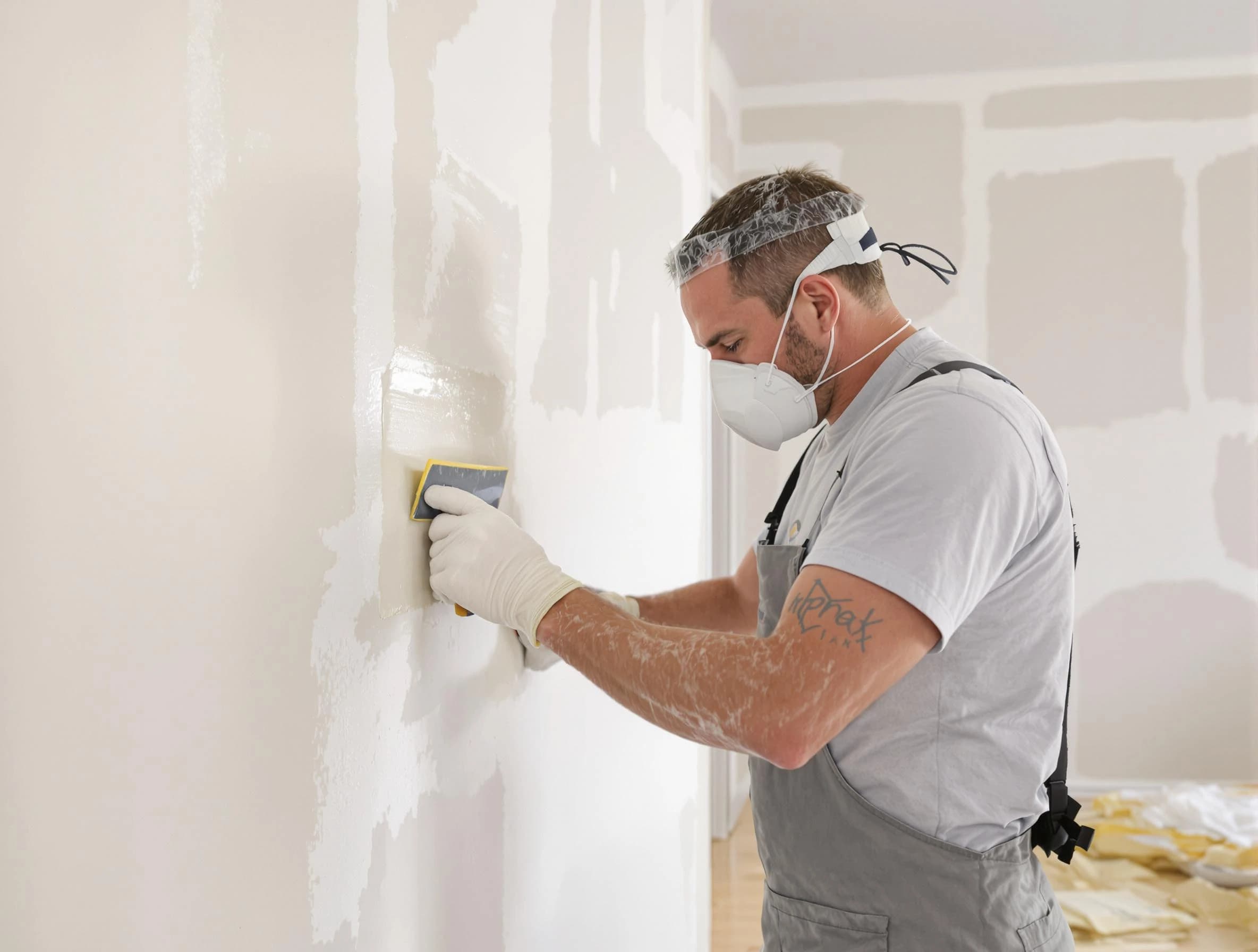 North Ridgeville House Painters technician applying mud to drywall seams in North Ridgeville, OH